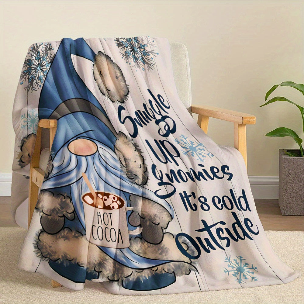 Winter Gnome Fleece Blanket with Snowflake and Hot Cocoa Design 150x130cm