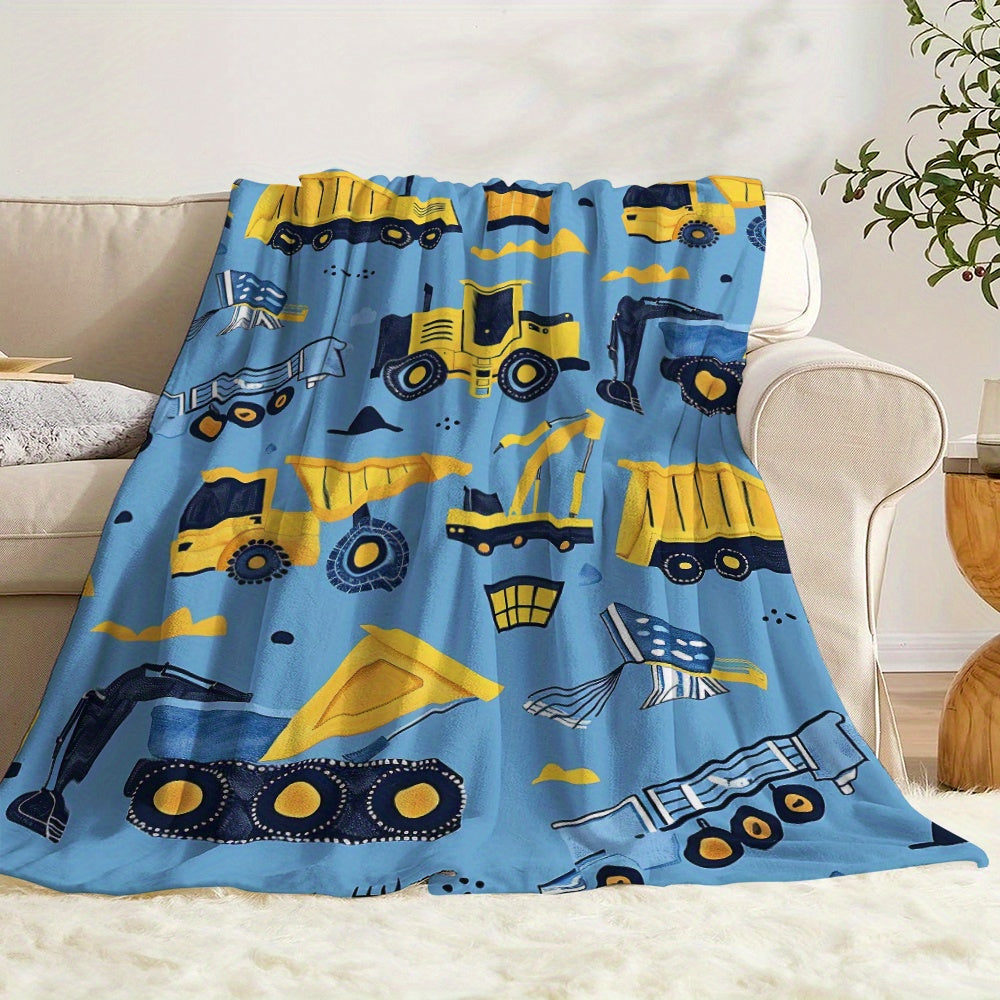 Cartoon Construction Vehicle Blanket with Yellow Excavator Truck and Van Soft Flannel for Naps Travel Camping and Home