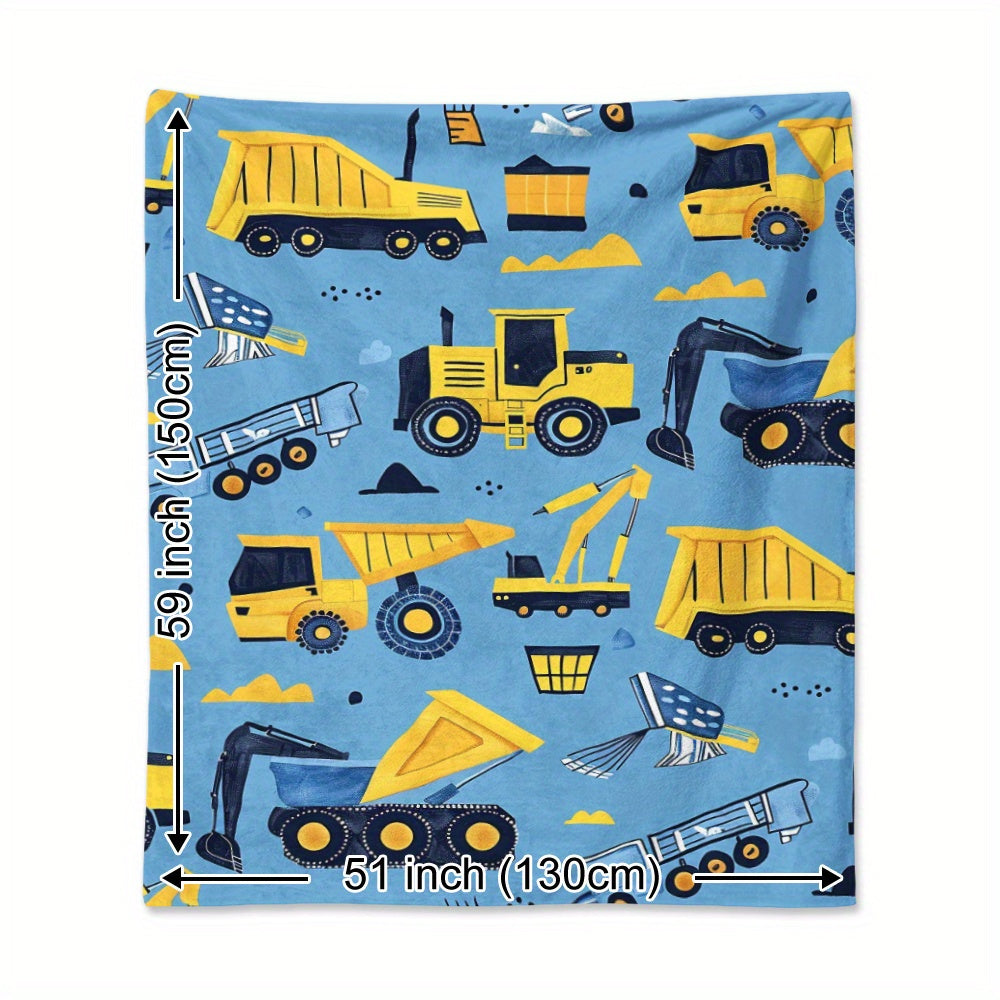 Cartoon Construction Vehicle Blanket with Yellow Excavator Truck and Van Soft Flannel for Naps Travel Camping and Home