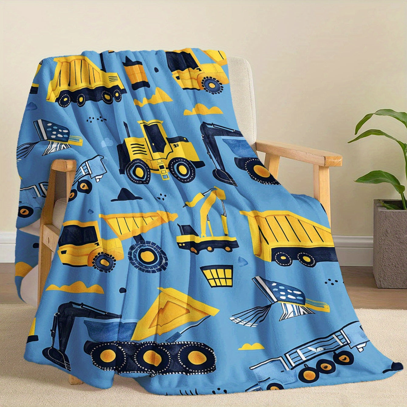 Cartoon Construction Vehicle Blanket with Yellow Excavator Truck and Van Soft Flannel for Naps Travel Camping and Home