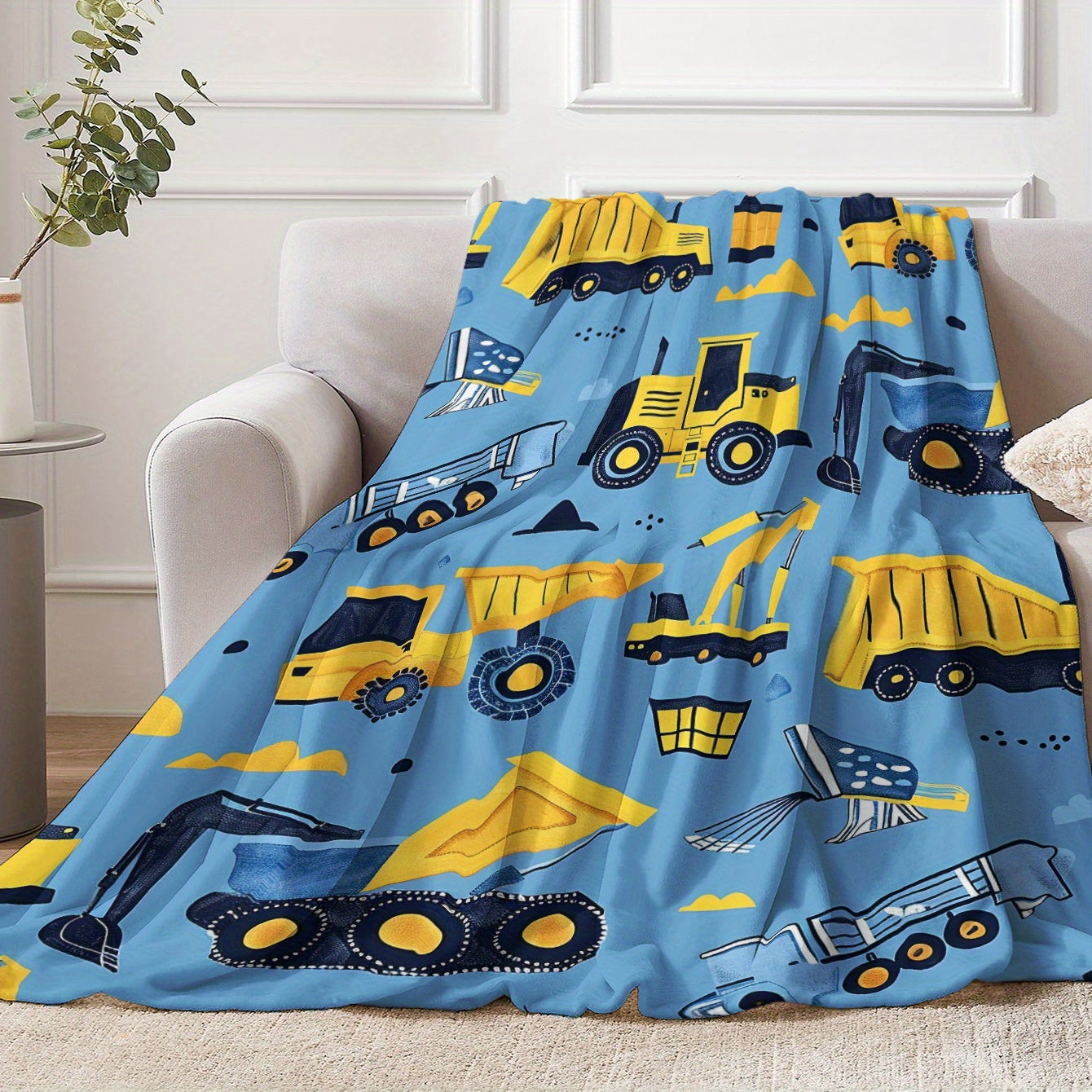 Cartoon Construction Vehicle Blanket with Yellow Excavator Truck and Van Soft Flannel for Naps Travel Camping and Home