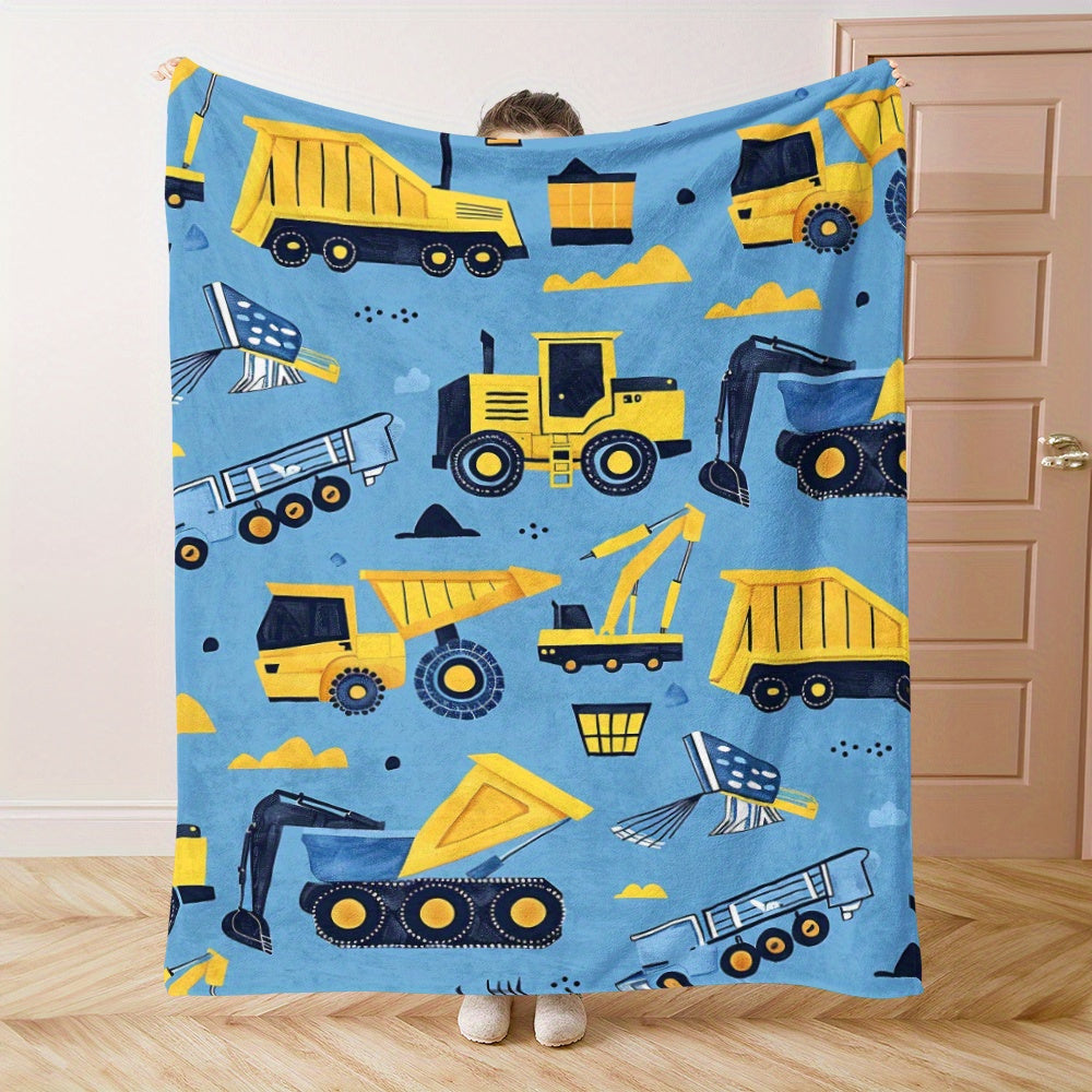 Cartoon Construction Vehicle Blanket with Yellow Excavator Truck and Van Soft Flannel for Naps Travel Camping and Home