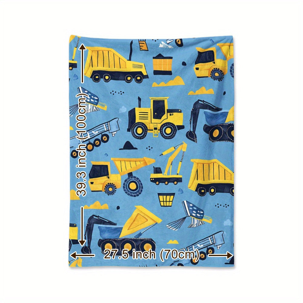 Cartoon Construction Vehicle Blanket with Yellow Excavator Truck and Van Soft Flannel for Naps Travel Camping and Home