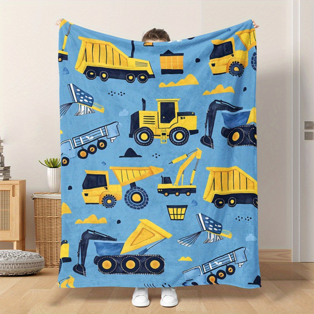 Cartoon Construction Vehicle Blanket with Yellow Excavator Truck and Van Soft Flannel for Naps Travel Camping and Home
