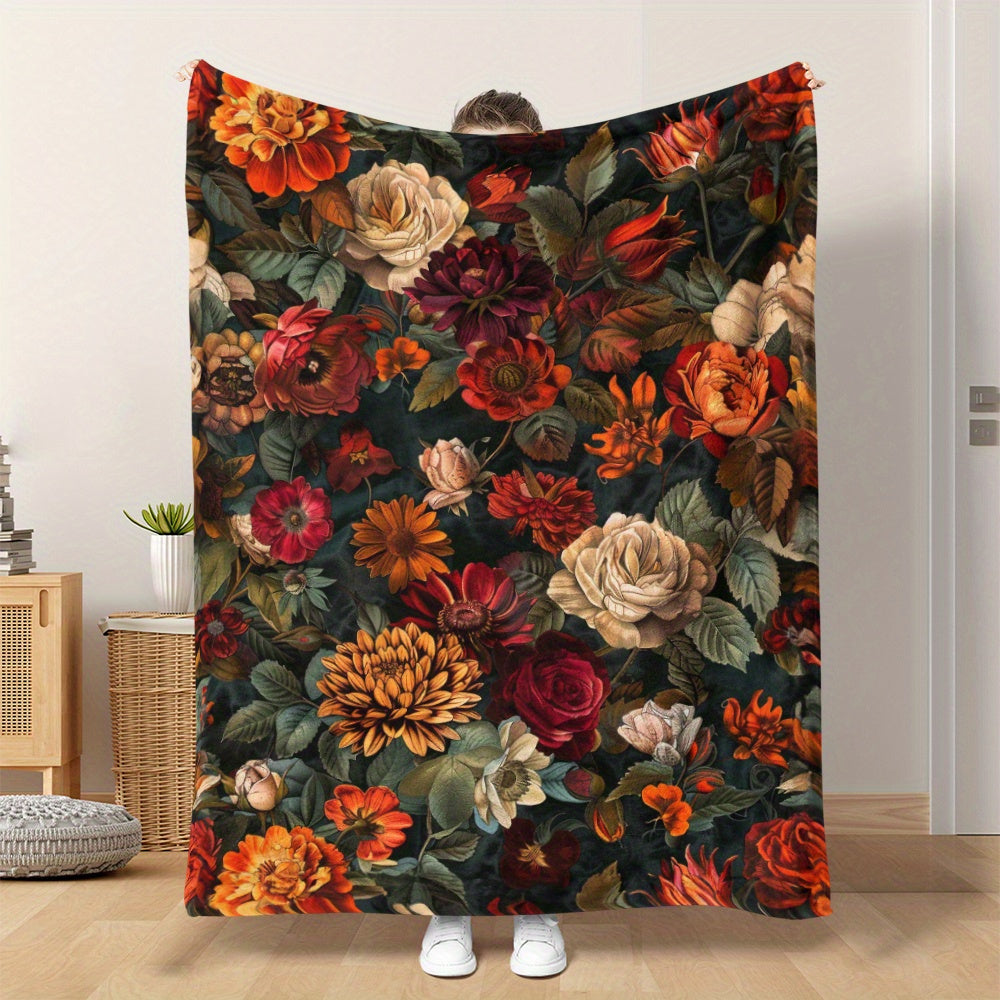 Floral Throw Blanket with Chrysanthemums and Roses Soft Flannel for Home and Travel