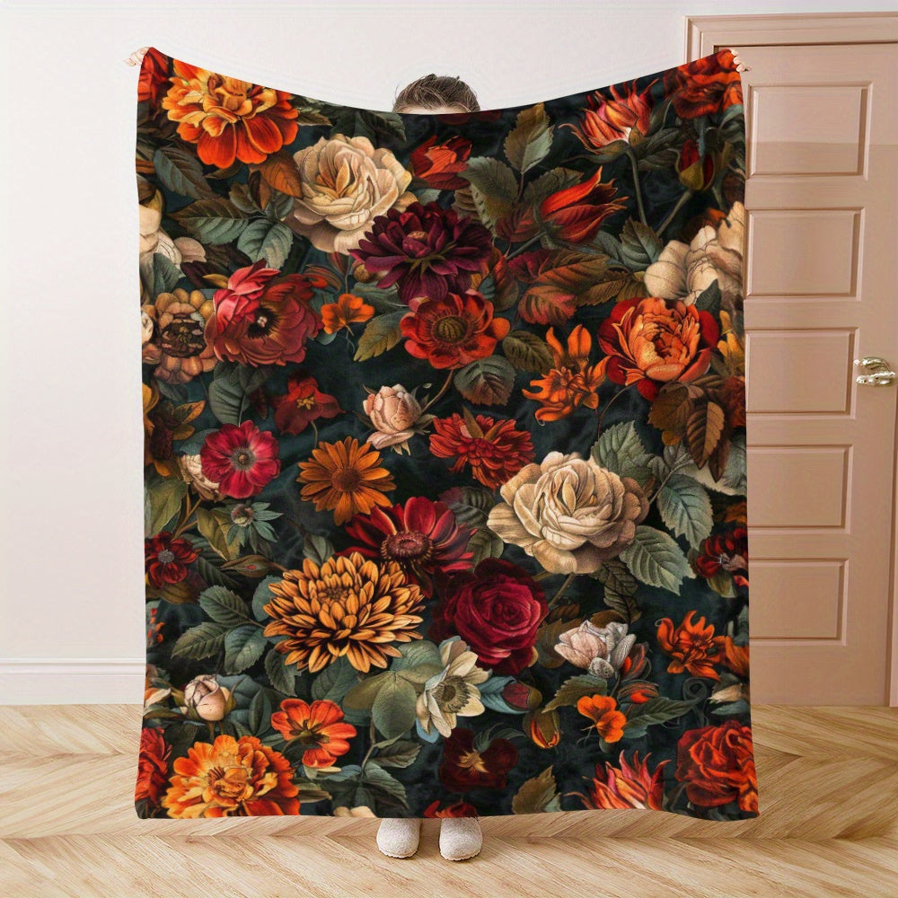 Floral Throw Blanket with Chrysanthemums and Roses Soft Flannel for Home and Travel