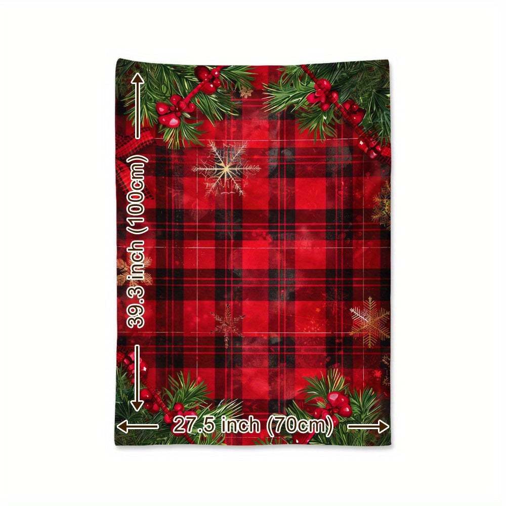 Nostalgic Christmas Flannel Blanket with Gold Snowflakes and Red Buffalo Plaid for Holiday Gift
