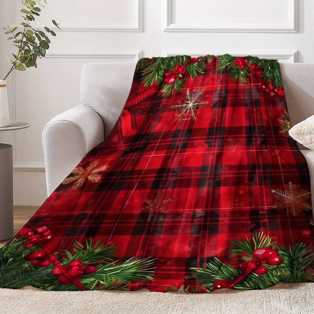 Nostalgic Christmas Flannel Blanket with Gold Snowflakes and Red Buffalo Plaid for Holiday Gift