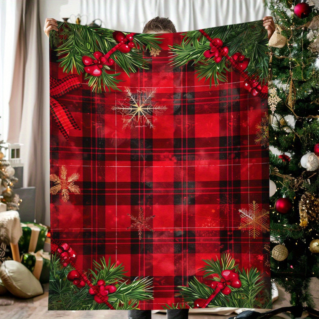 Nostalgic Christmas Flannel Blanket with Gold Snowflakes and Red Buffalo Plaid for Holiday Gift
