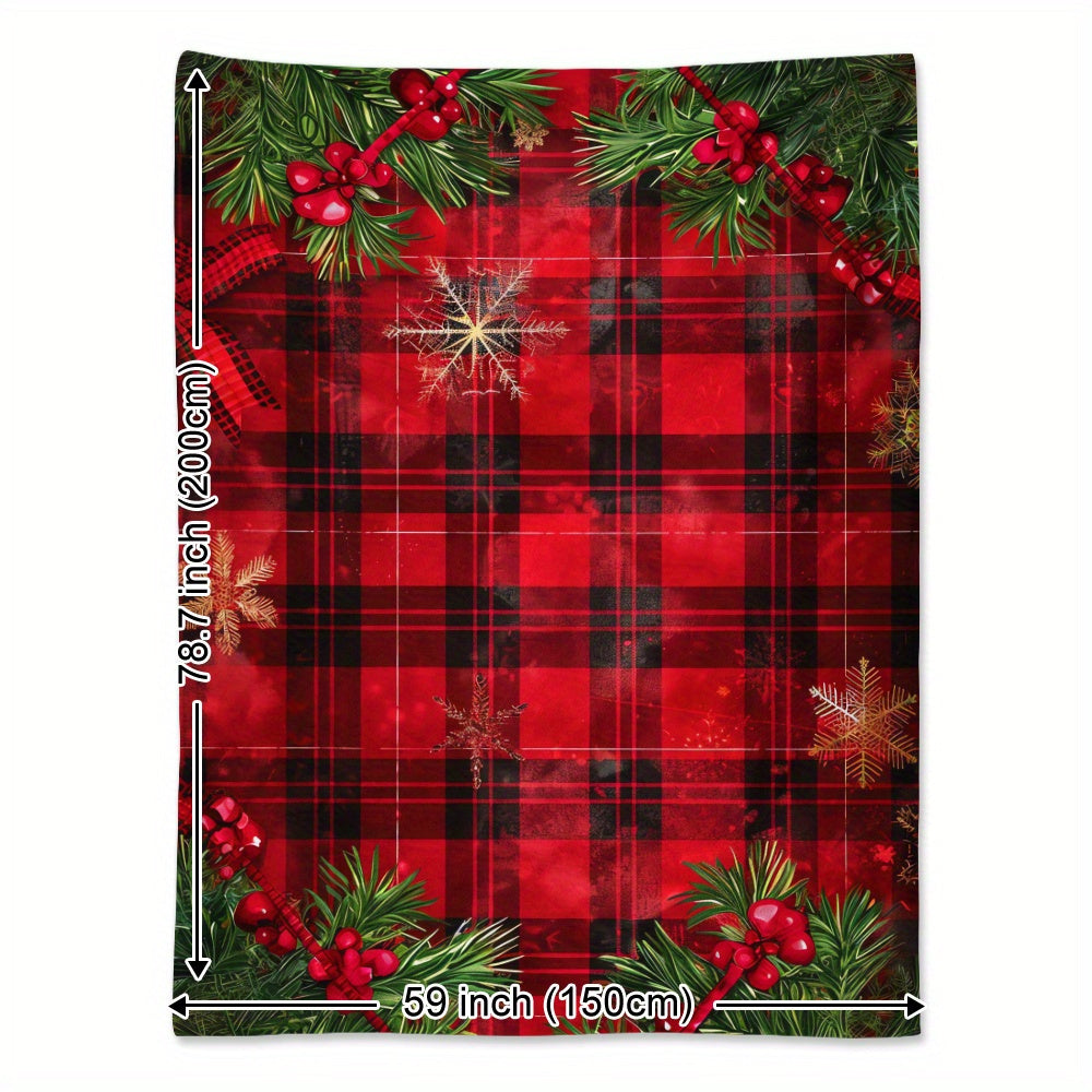 Nostalgic Christmas Flannel Blanket with Gold Snowflakes and Red Buffalo Plaid for Holiday Gift