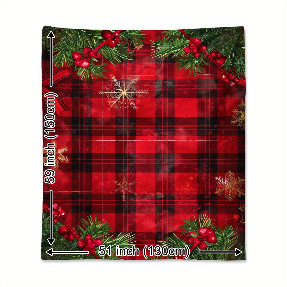 Nostalgic Christmas Flannel Blanket with Gold Snowflakes and Red Buffalo Plaid for Holiday Gift
