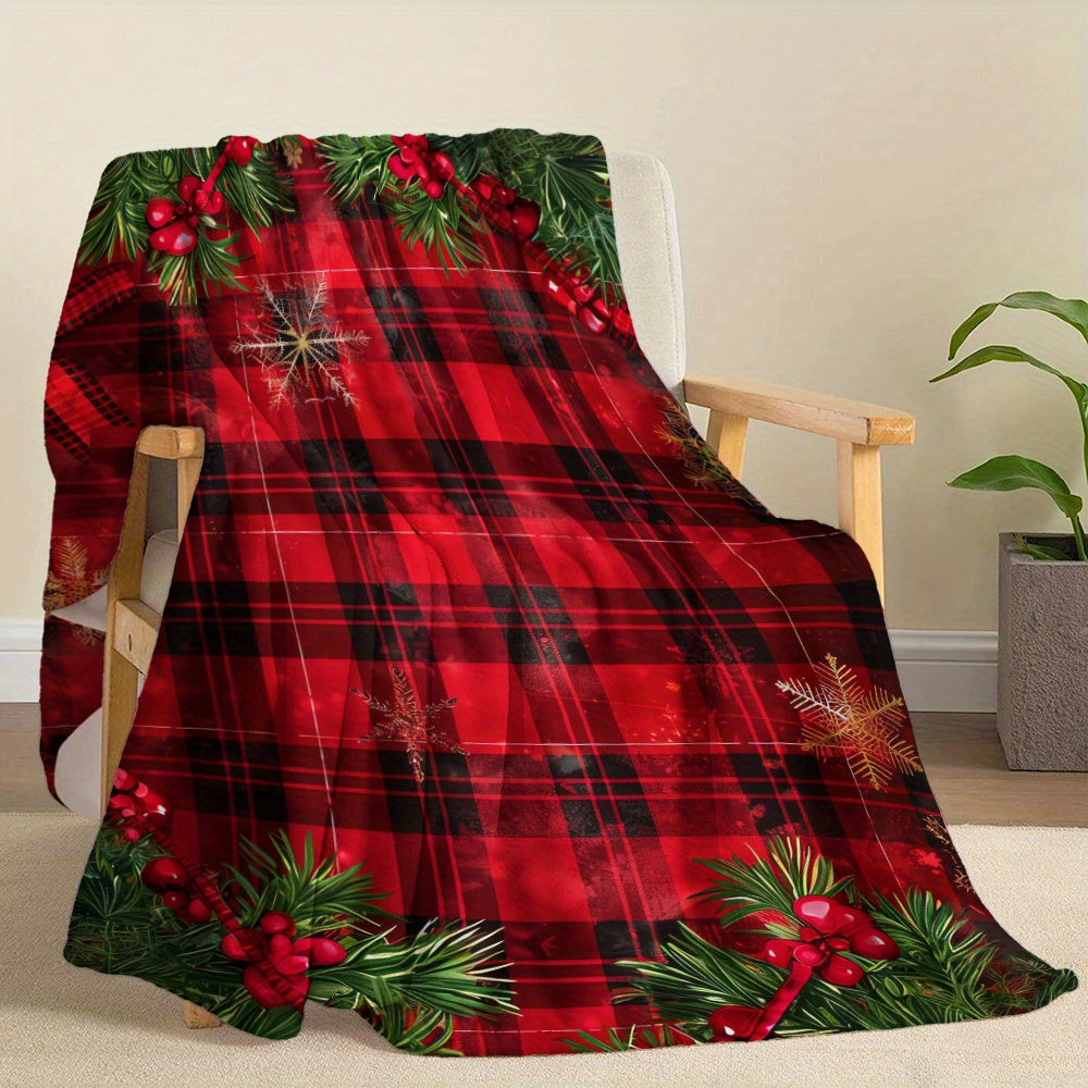 Nostalgic Christmas Flannel Blanket with Gold Snowflakes and Red Buffalo Plaid for Holiday Gift