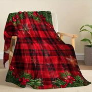 Nostalgic Christmas Flannel Blanket with Gold Snowflakes and Red Buffalo Plaid for Holiday Gift