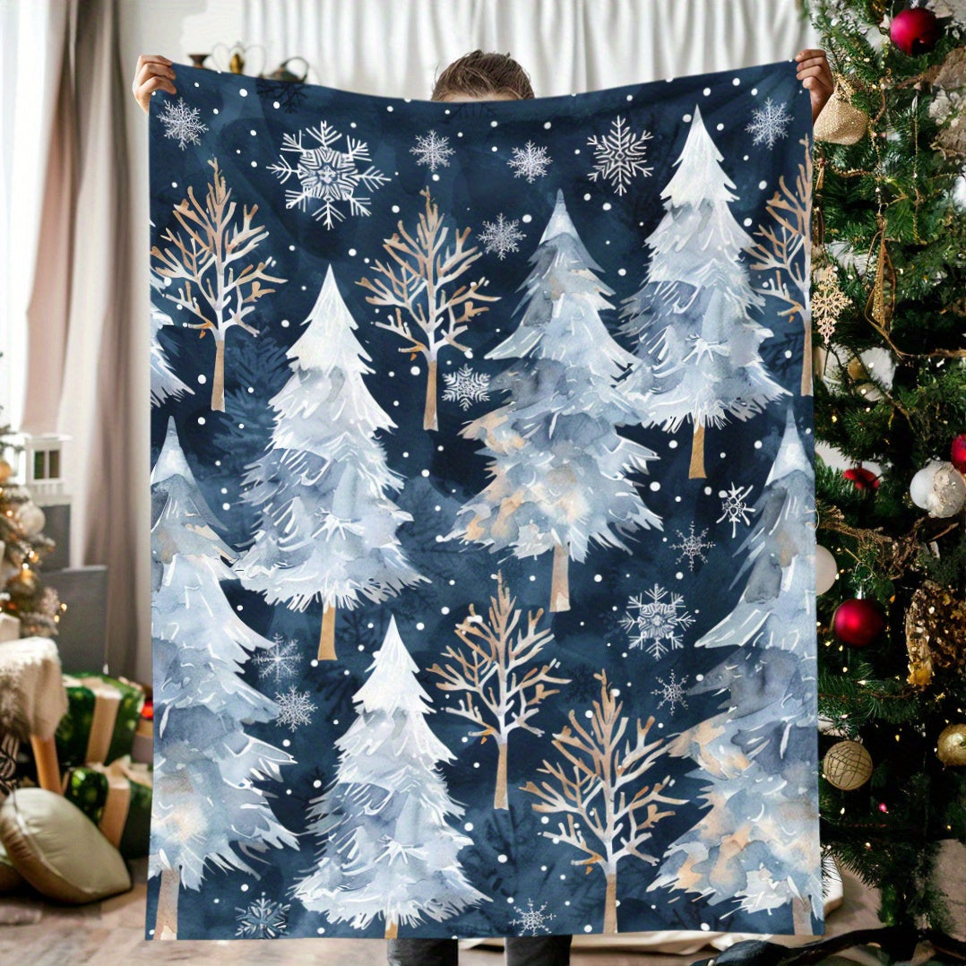 Watercolor Christmas Blanket Forest Night Scene Blue Cedar Snowflakes Soft Warm Holiday Gift for Family and Friends
