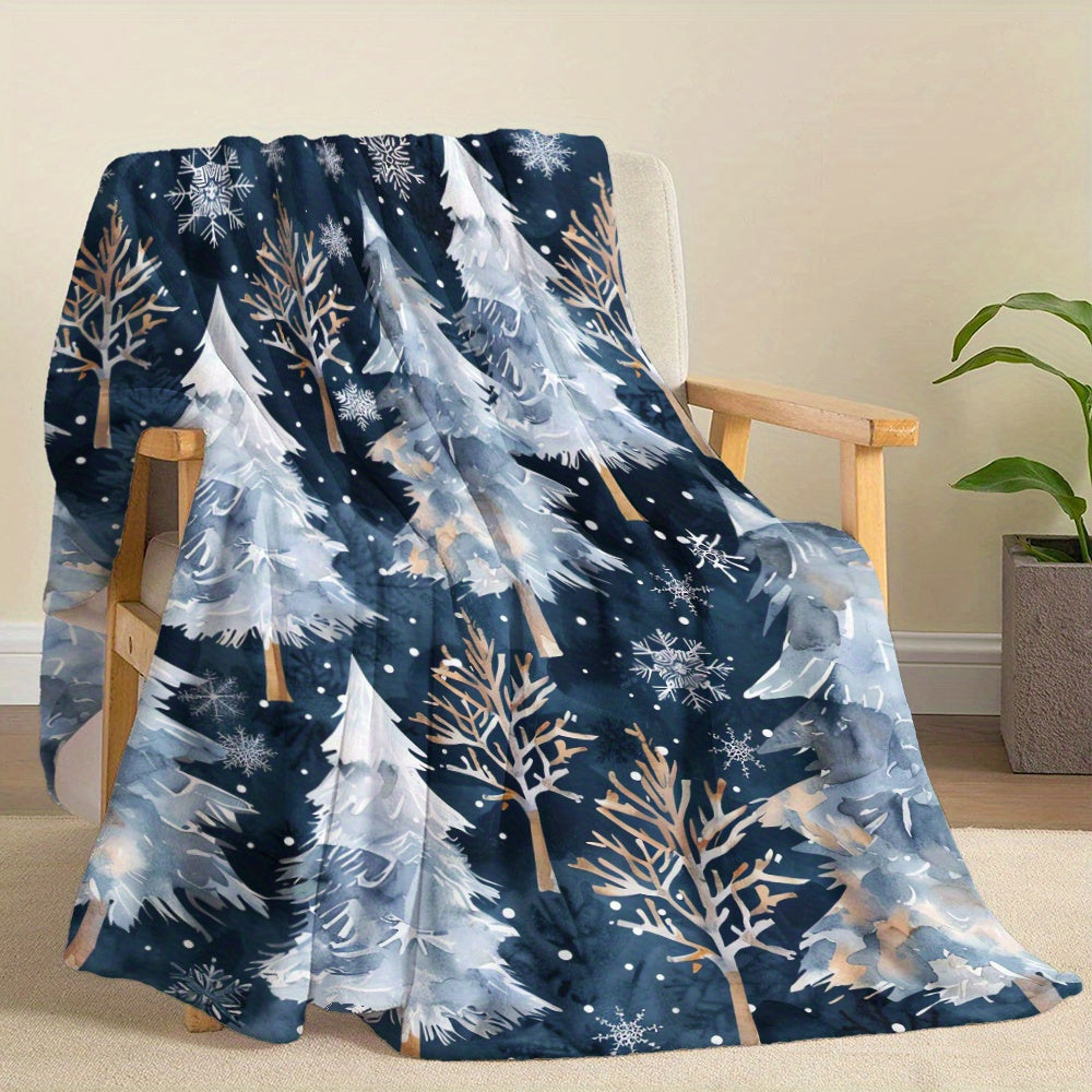 Watercolor Christmas Blanket Forest Night Scene Blue Cedar Snowflakes Soft Warm Holiday Gift for Family and Friends