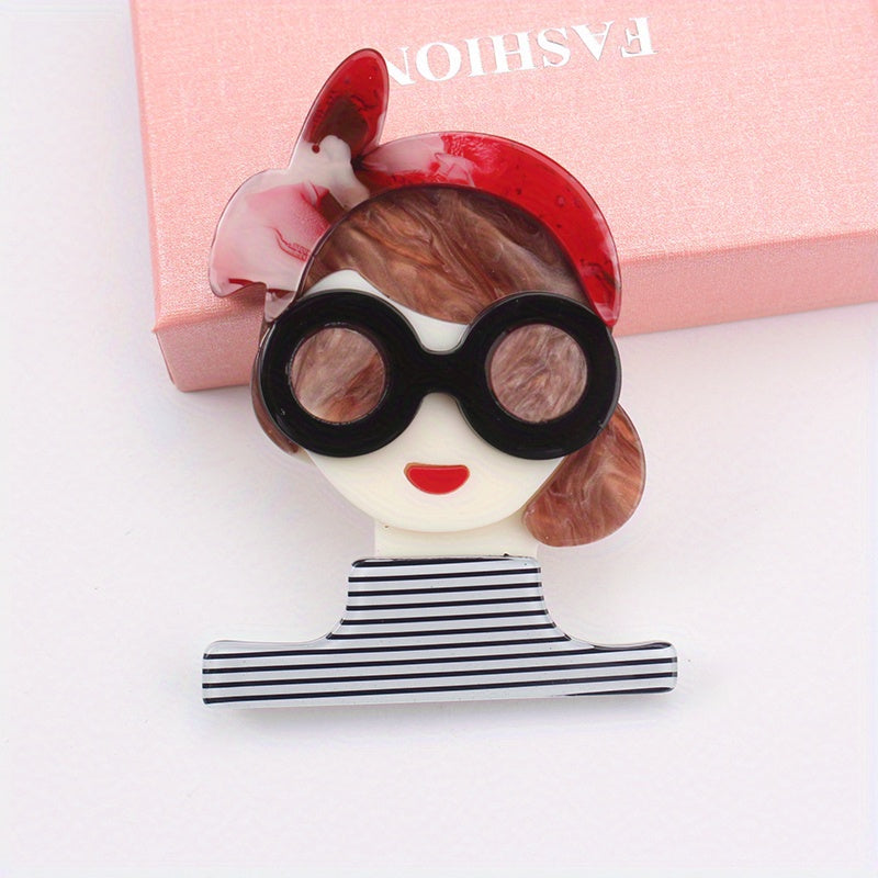 Vintage Acrylic Cartoon Girl Brooch Pin Irregular Shape Fashion Accessory