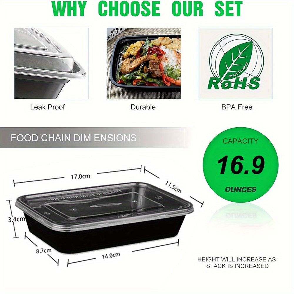 Pack of 10 Meal Prep Containers 16.9 oz BPA-Free Reusable Microwave Safe