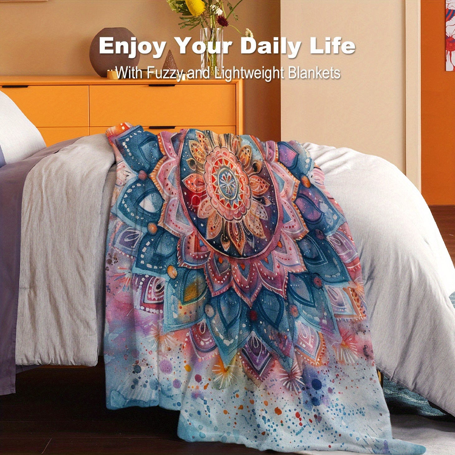 Mandala Pattern Flannel Throw Blanket Cozy Soft Lightweight All-Season Polyester for Bed Couch Travel