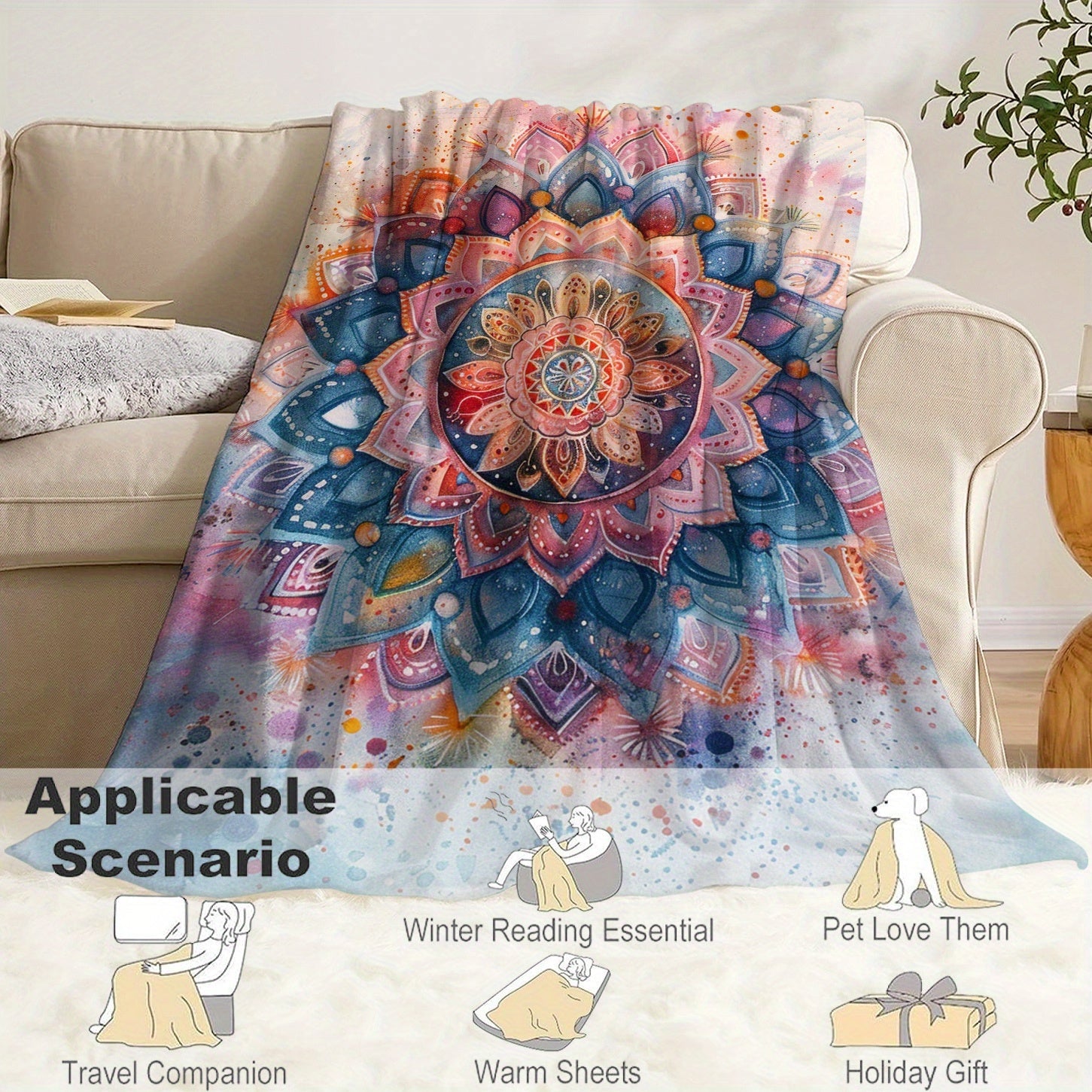 Mandala Pattern Flannel Throw Blanket Cozy Soft Lightweight All-Season Polyester for Bed Couch Travel