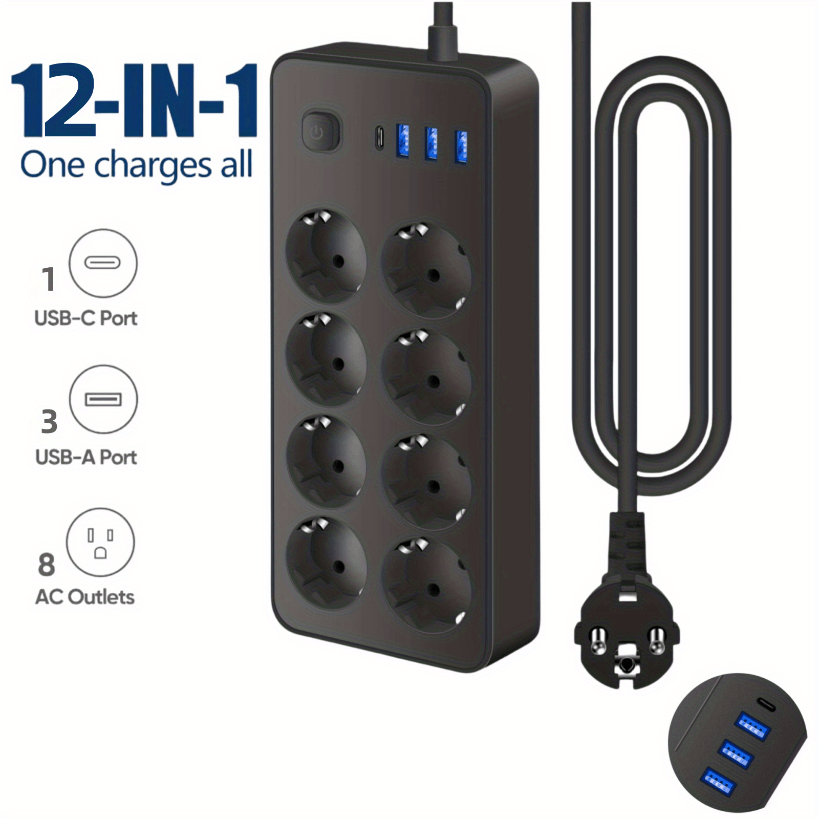 Black Power Strip Surge Protector with 8 AC Sockets 3 USB Ports and Type C Port 182.88cm Extension Cable