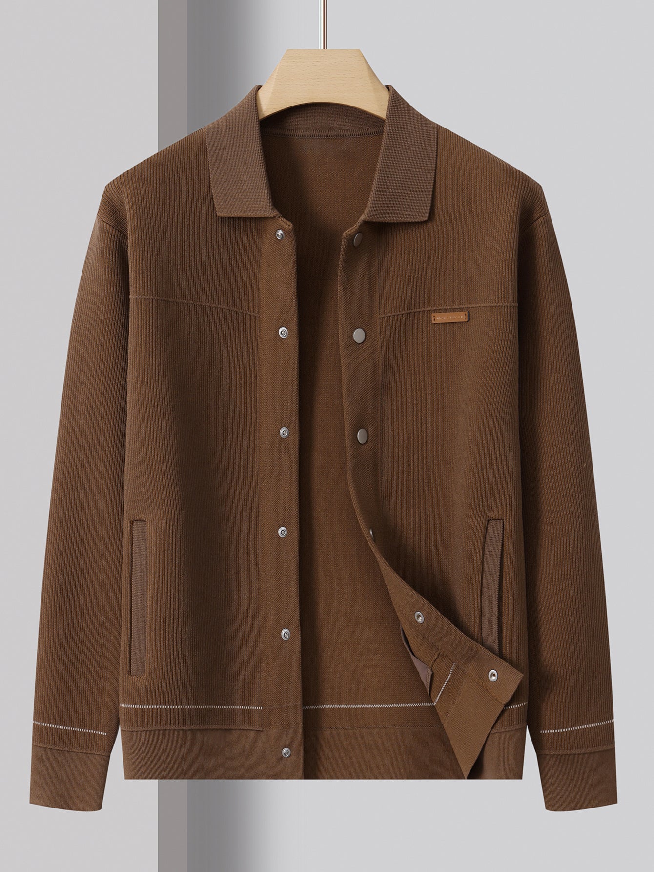 Men's Knit Cardigan Sweater with Business Collar and Pockets in Solid Color