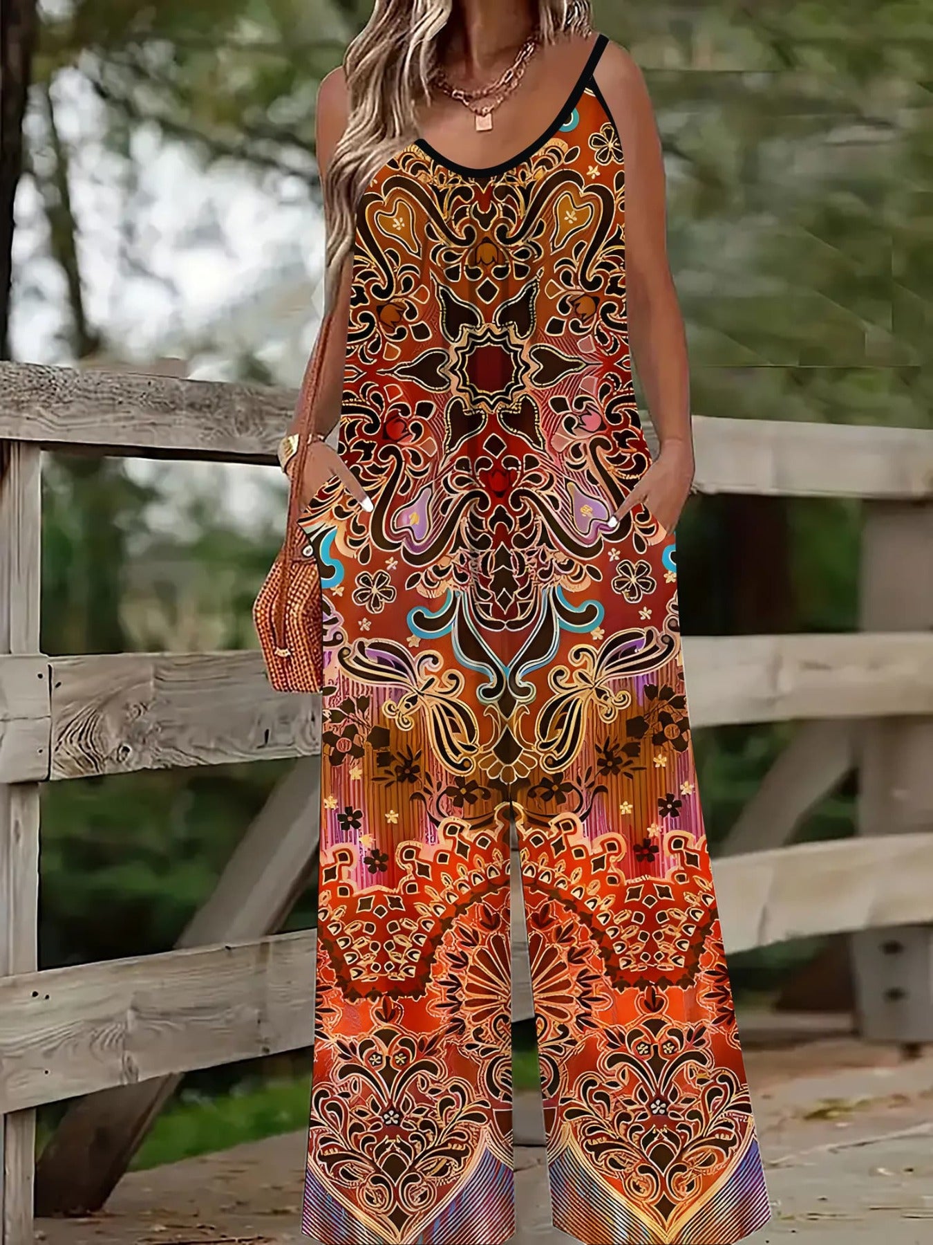 Women's Casual 3D Totem Print Strapless Trousers Pockets