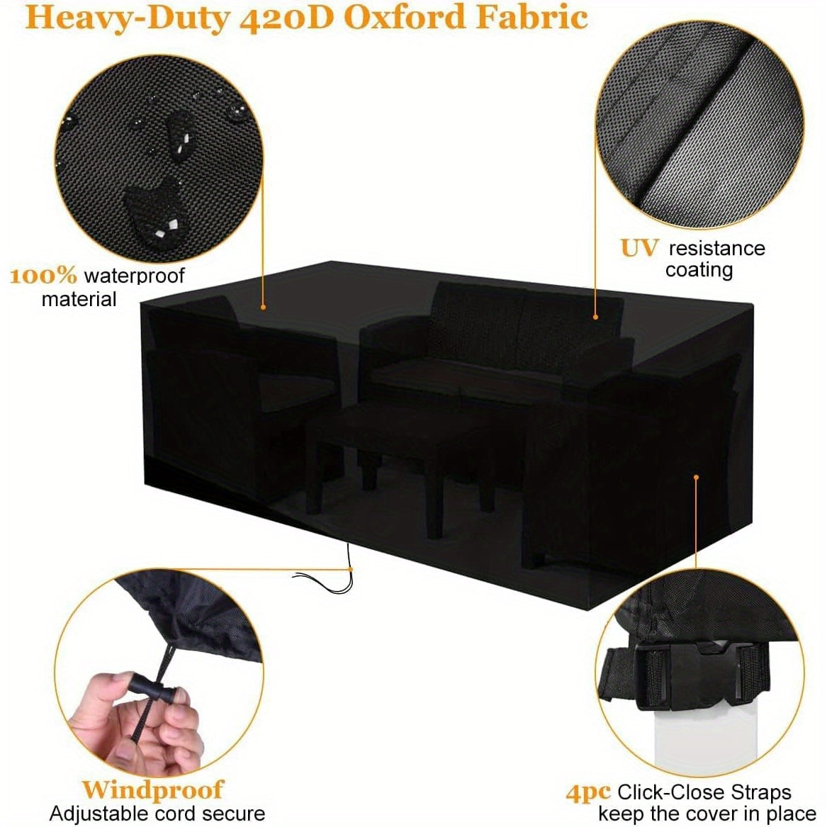 Black Waterproof Patio Furniture Cover for Outdoor Tables and Sofas 3.2m x 210cm x 70cm