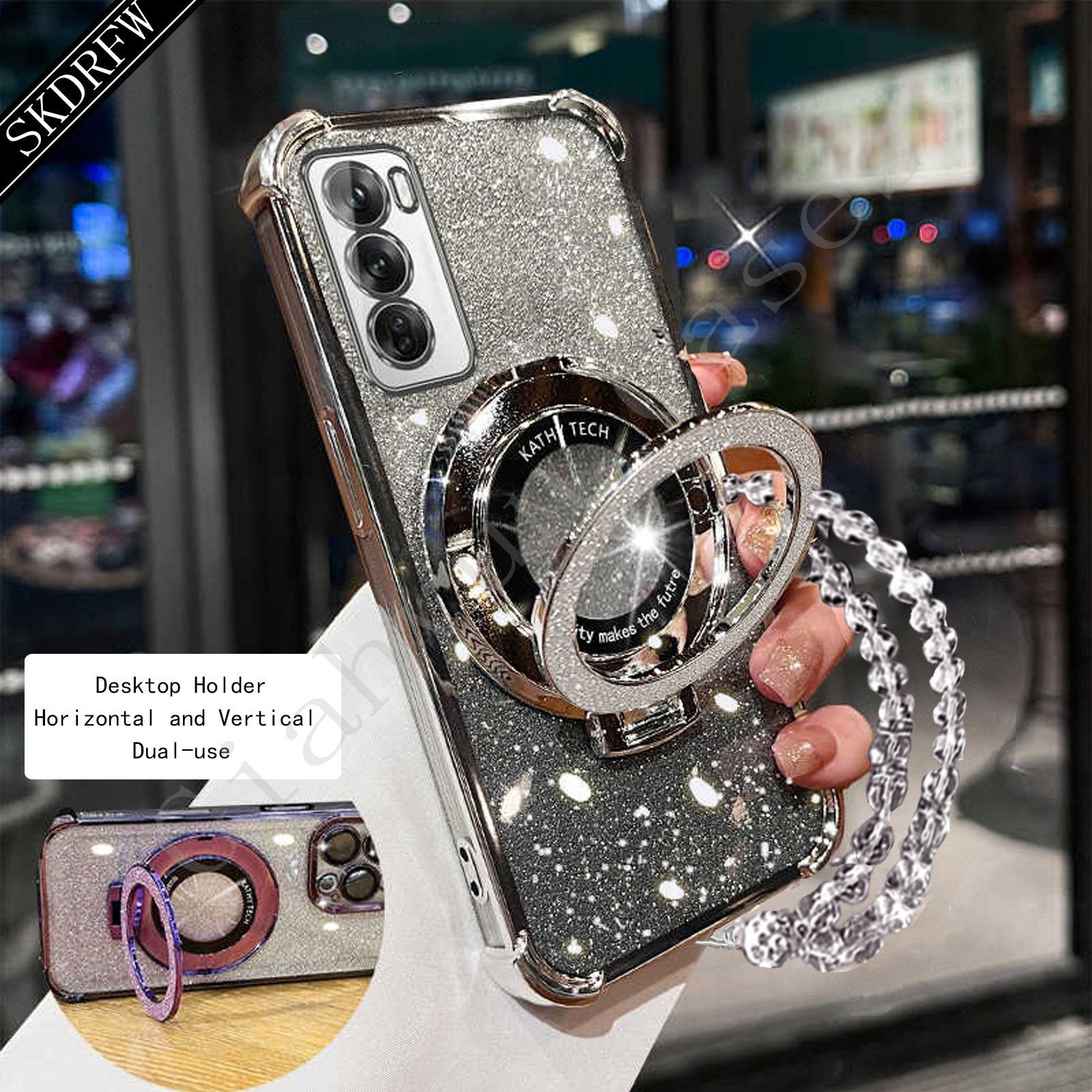 Luxury Samsung Phone Case with Glitter Magnetic Holder Lens Protection and Wireless Charging