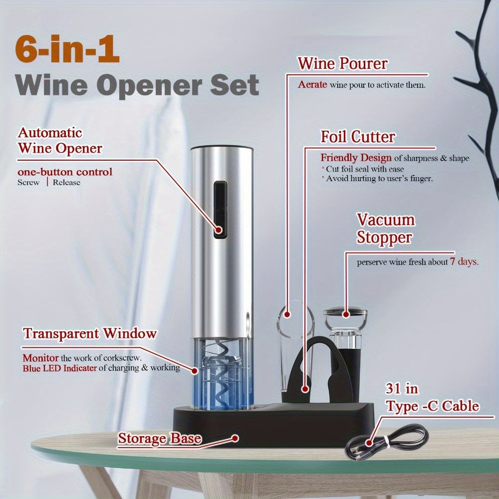 Rechargeable 6-in-1 Electric Wine Opener Set with USB Charging and Stainless Steel