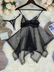 Deep V Sheer Lace Velvet Nightgown with T-Pants for Women