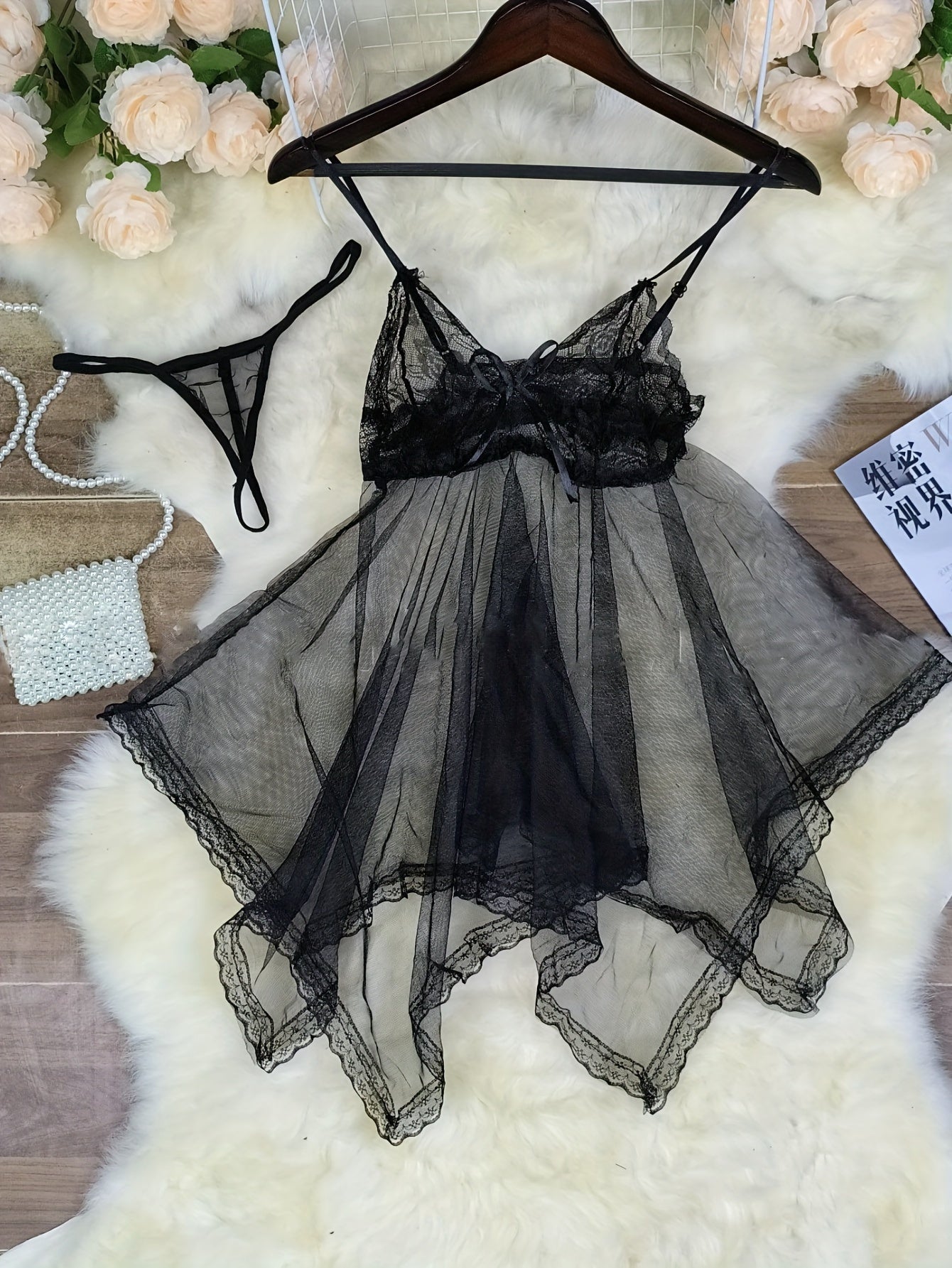 Deep V Sheer Lace Velvet Nightgown with T-Pants for Women