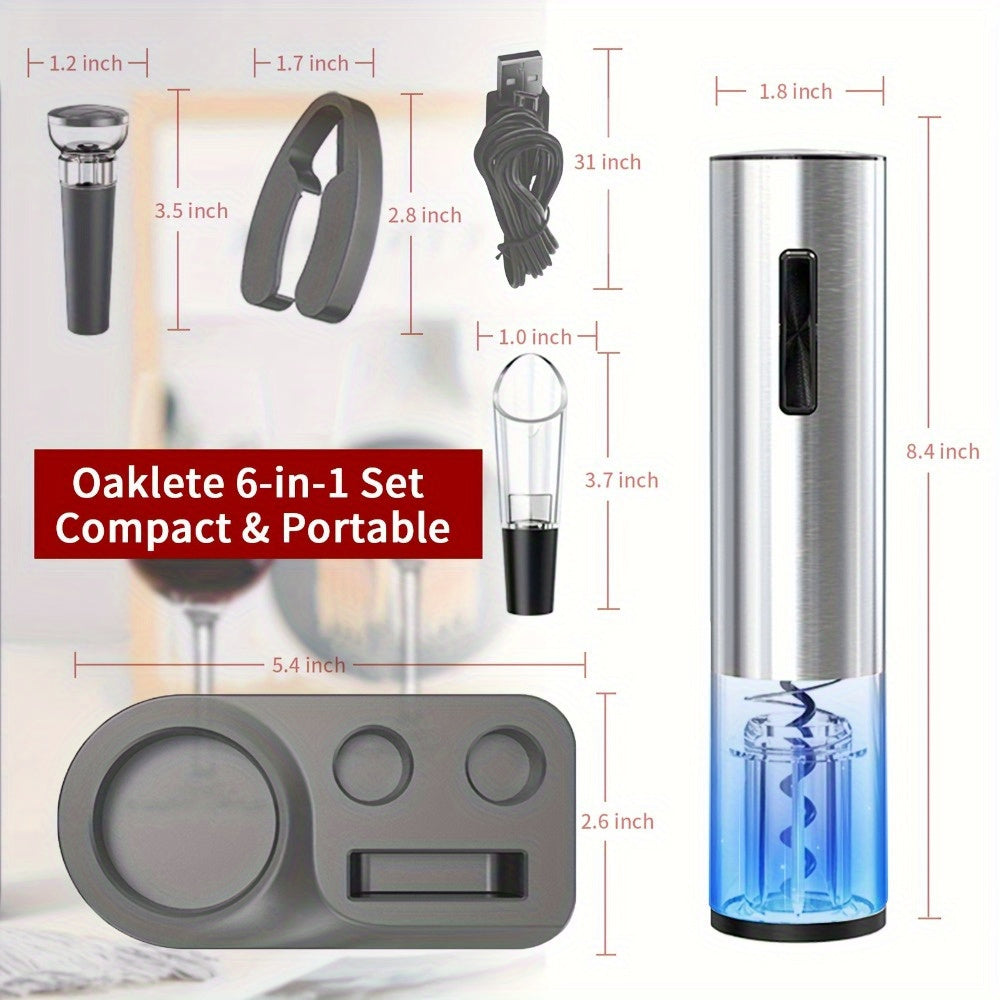 6-in-1 қайта зарядланадиган электр винобойхона очгичи комплекти 100 та шишани очади, нержавеющая сталь