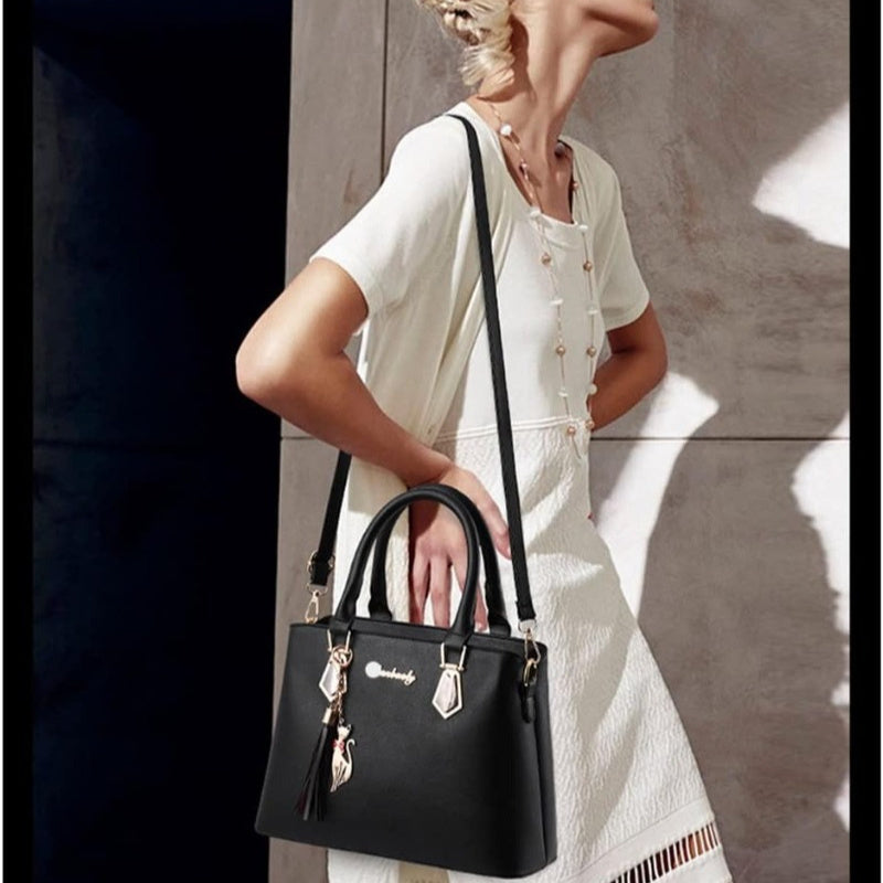 Women's 2-Piece PU Bag Set with Tassel Water-Resistant Zipper Crossbody and Handbag Black