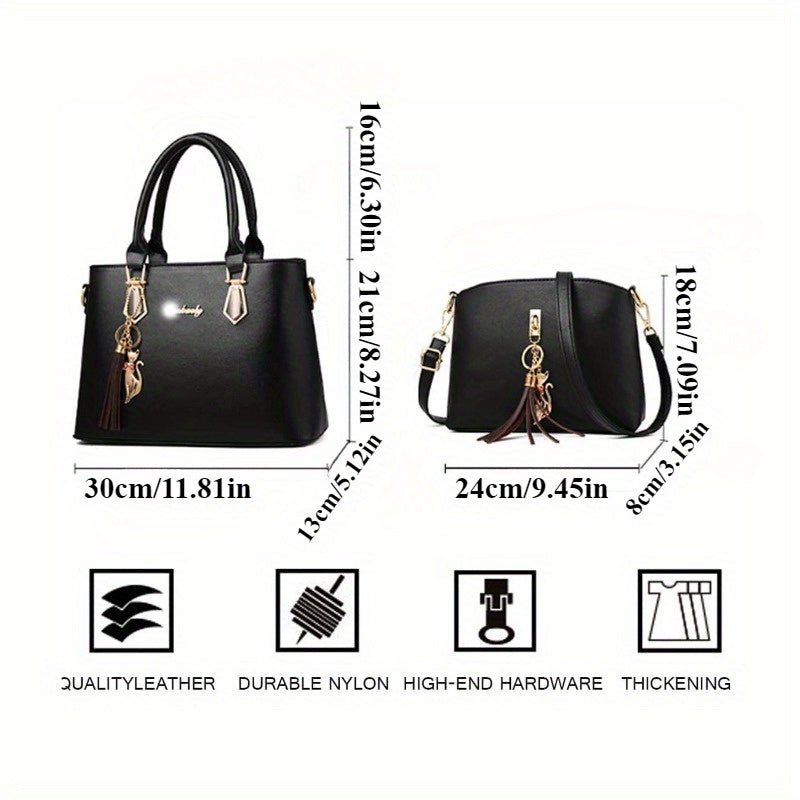 Women's 2-Piece PU Bag Set with Tassel Water-Resistant Zipper Crossbody and Handbag Black
