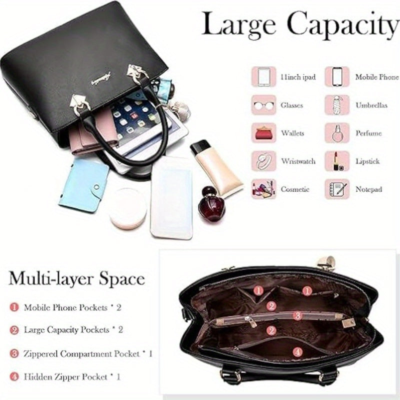 Women's 2-Piece PU Bag Set with Tassel Water-Resistant Zipper Crossbody and Handbag Black