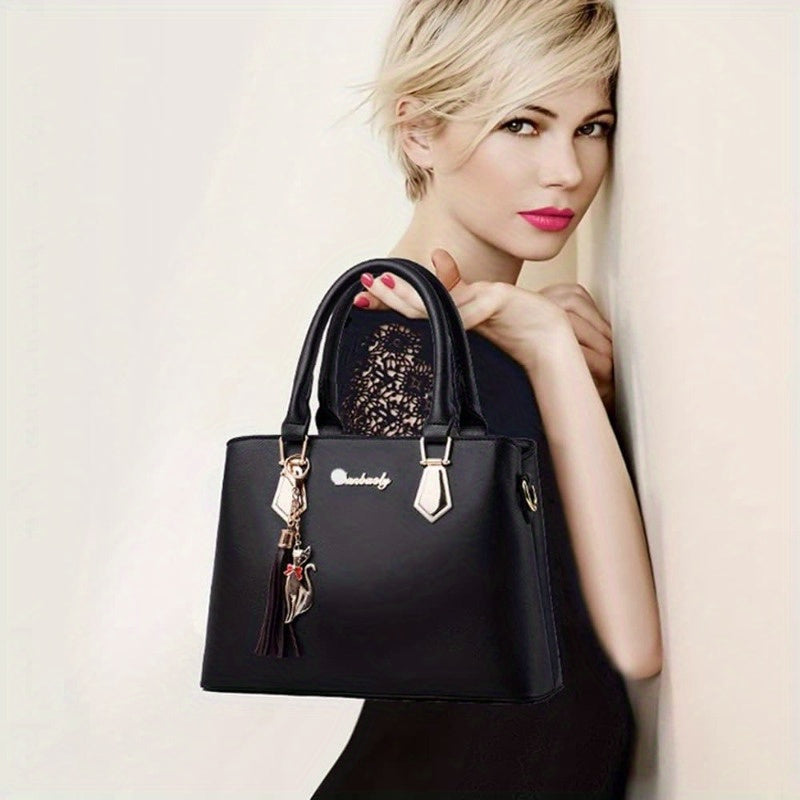 Women's 2-Piece PU Bag Set with Tassel Water-Resistant Zipper Crossbody and Handbag Black