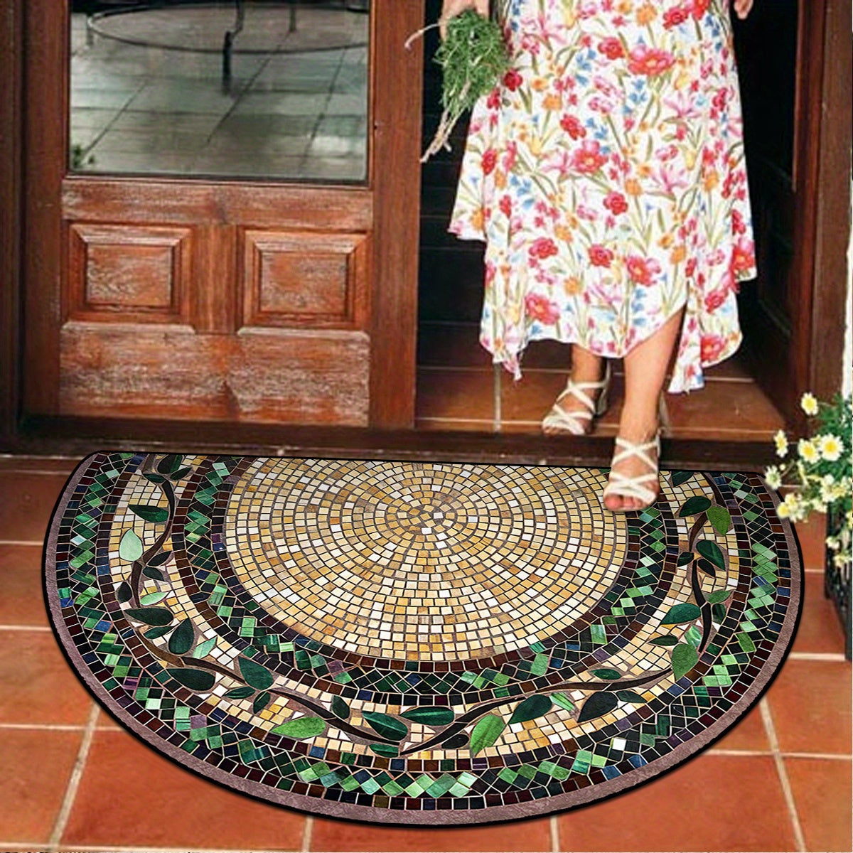 Элегантный кристальный бархатный коврик для двери с дизайном звездного неба - винтажный стиль, 1000 г/кв.м, 6 мм в толщину, нескользящий и долговечный, этнический узор с растительными лозами, только ручная стирка - идеален для улучшения домашнего декора.