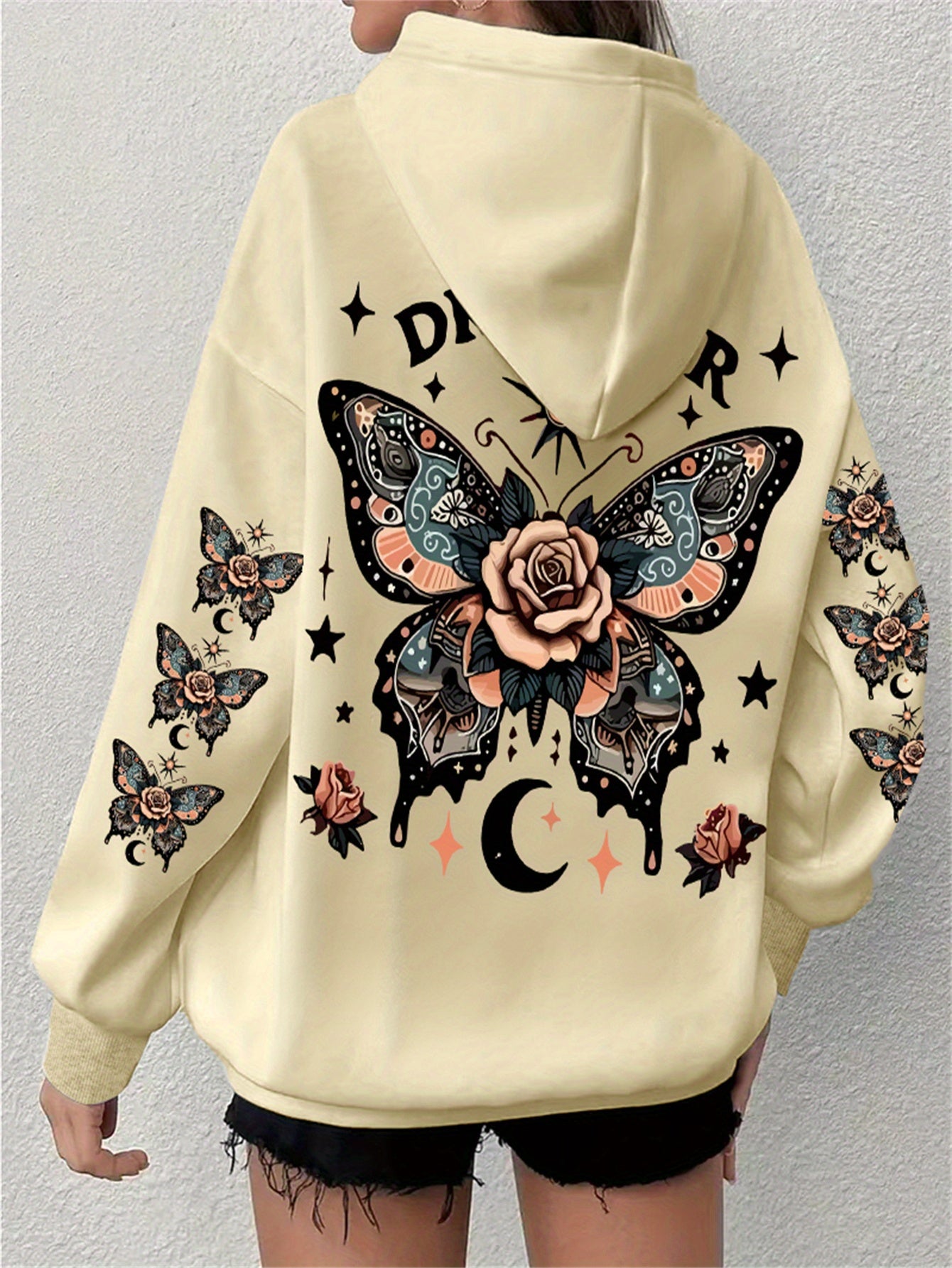 Толстовка с принтом бабочки и регулируемым капюшоном, длинные рукава, повседневная толстовка для осени и зимы