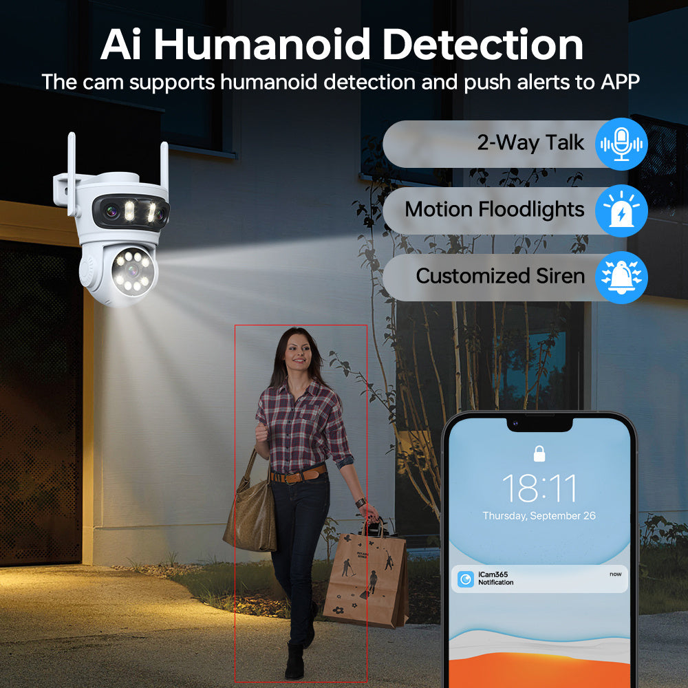 Outdoor Security Camera with Triple Lens 360° View AI Human Tracking Night Vision WiFi Waterproof