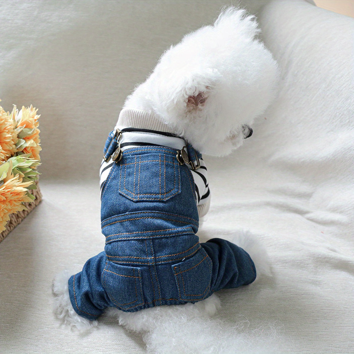 Small Breed Denim Jumpsuit for Pomeranians and Yorkies with Snap Closure All-Season