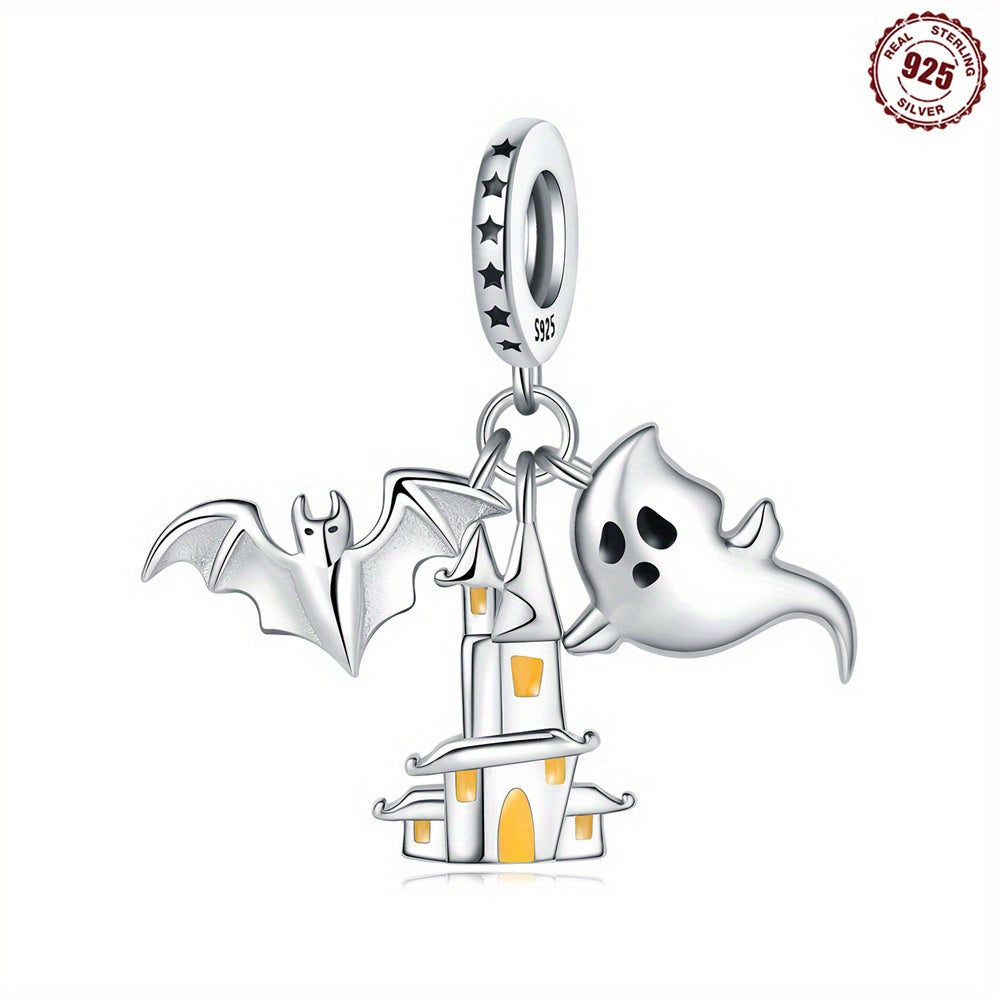 Colgante de plata de ley con castillo fantasma, murciélago y piedra de nacimiento de noviembre para pulseras