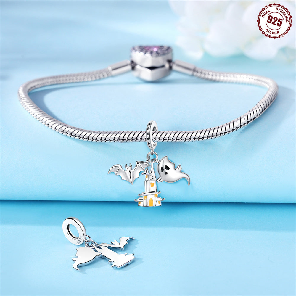 Colgante de plata de ley con castillo fantasma, murciélago y piedra de nacimiento de noviembre para pulseras