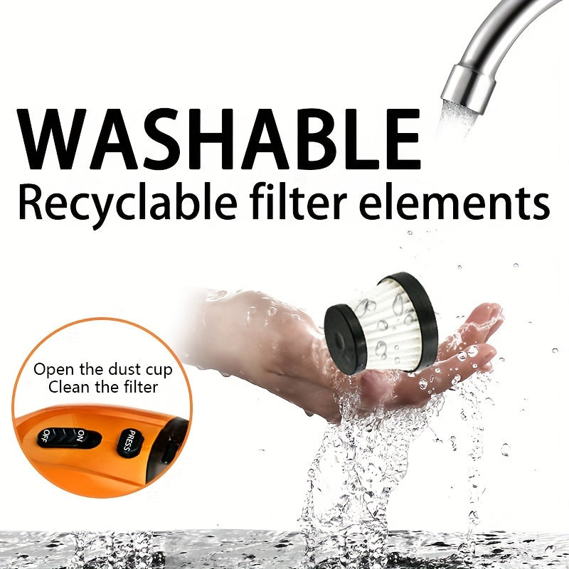 Kuchli so'rish, past shovqin va portativ dizaynga ega qo'l bilan ishlatiladigan avtomobil vakuum tozalagichi, avtomobillar, RVlar va uylar uchun ideal. Xususiyatlariga mato filtri, bitta bosish bilan chang tozalash, 0.4L chang idishi va 5m sim kiradi.