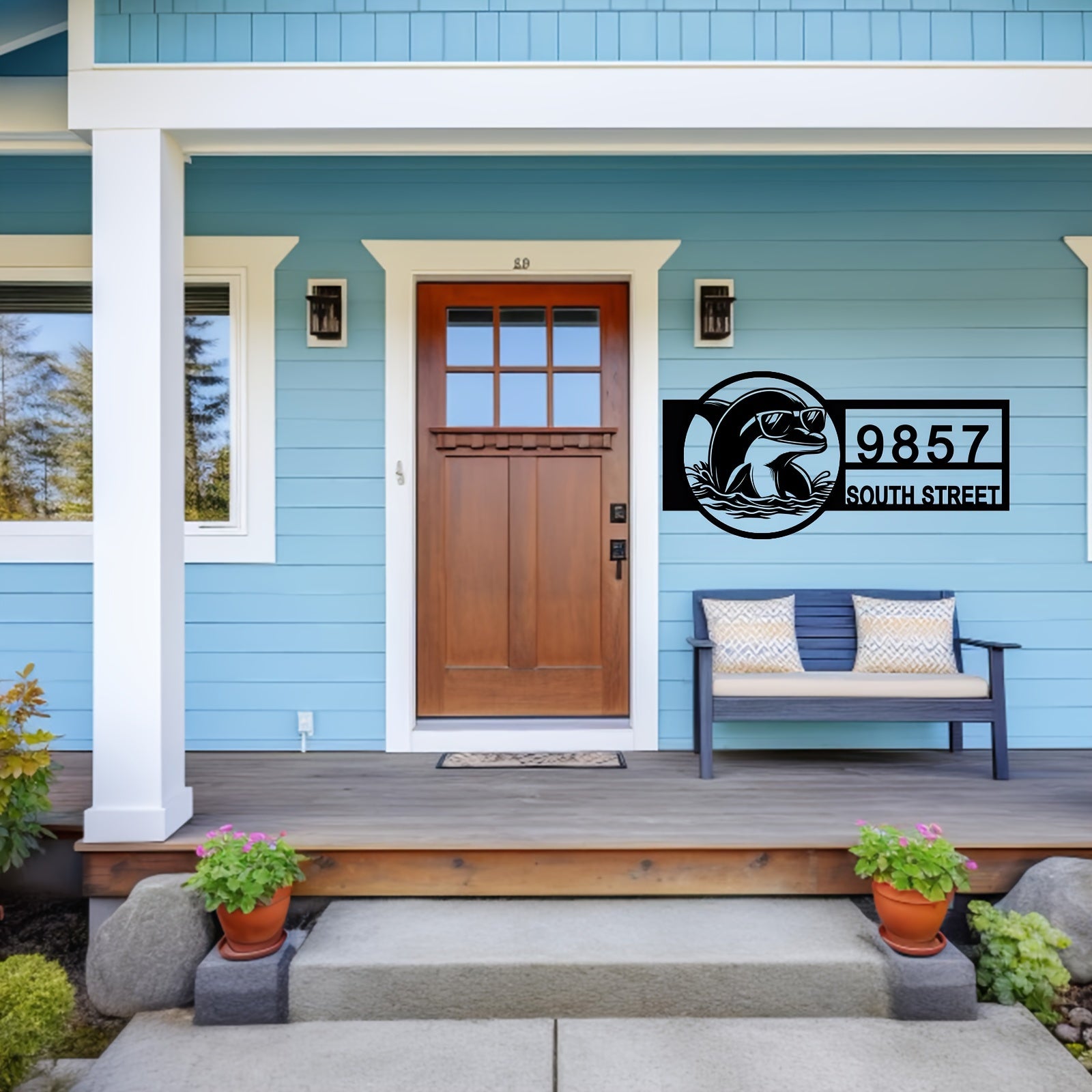 Zamonaviy Delfin Metall Manzil Belgisi - Ko'zoynakli - Qora, Plyajga Ilhomlangan Tashqi Uy Raqami Plaketi, Uyga O'tish yoki Yangi Uy Sovg'asi Uchun Mukammal