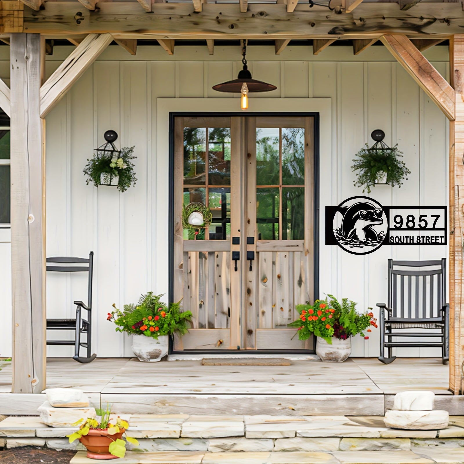 Zamonaviy Delfin Metall Manzil Belgisi - Ko'zoynakli - Qora, Plyajga Ilhomlangan Tashqi Uy Raqami Plaketi, Uyga O'tish yoki Yangi Uy Sovg'asi Uchun Mukammal