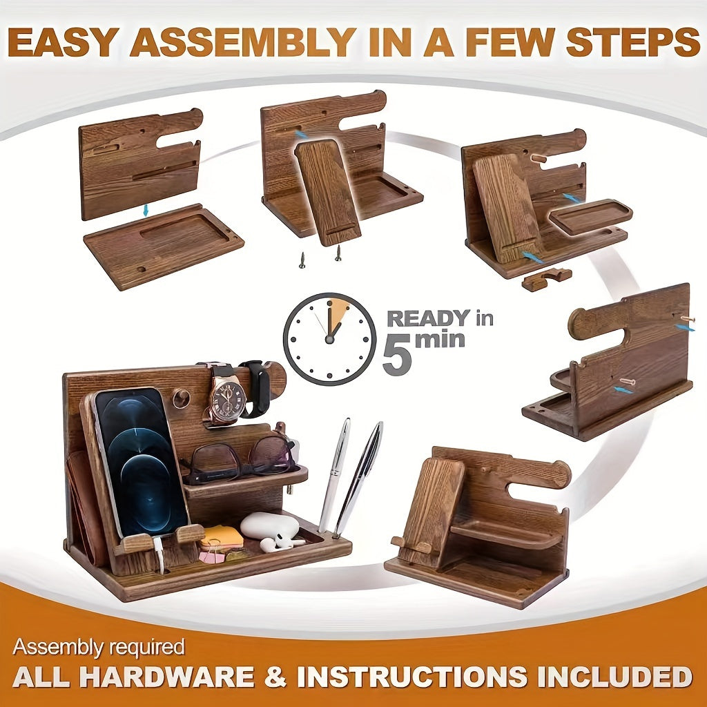 Wood Nightstand Organizer with Phone Charging Dock and Tiered Shelves