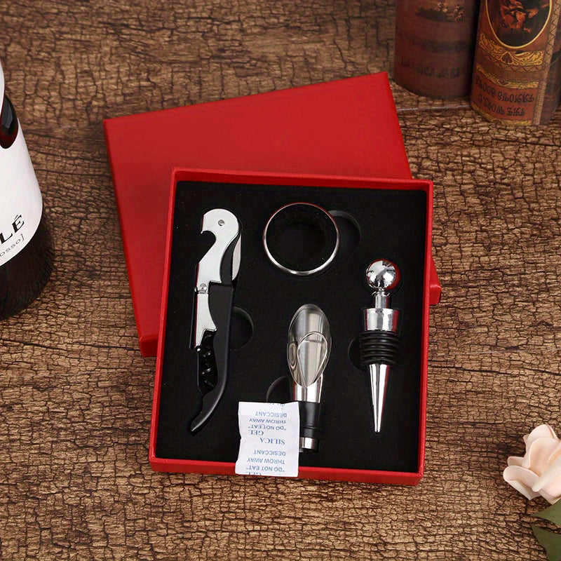 4-Piece Red Wine Bottle Opener Set with Hippocampus Pourer and Gift Box Stainless Steel