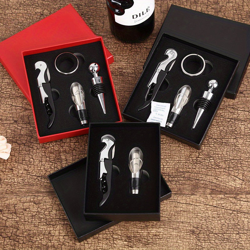 4-Piece Red Wine Bottle Opener Set with Hippocampus Pourer and Gift Box Stainless Steel