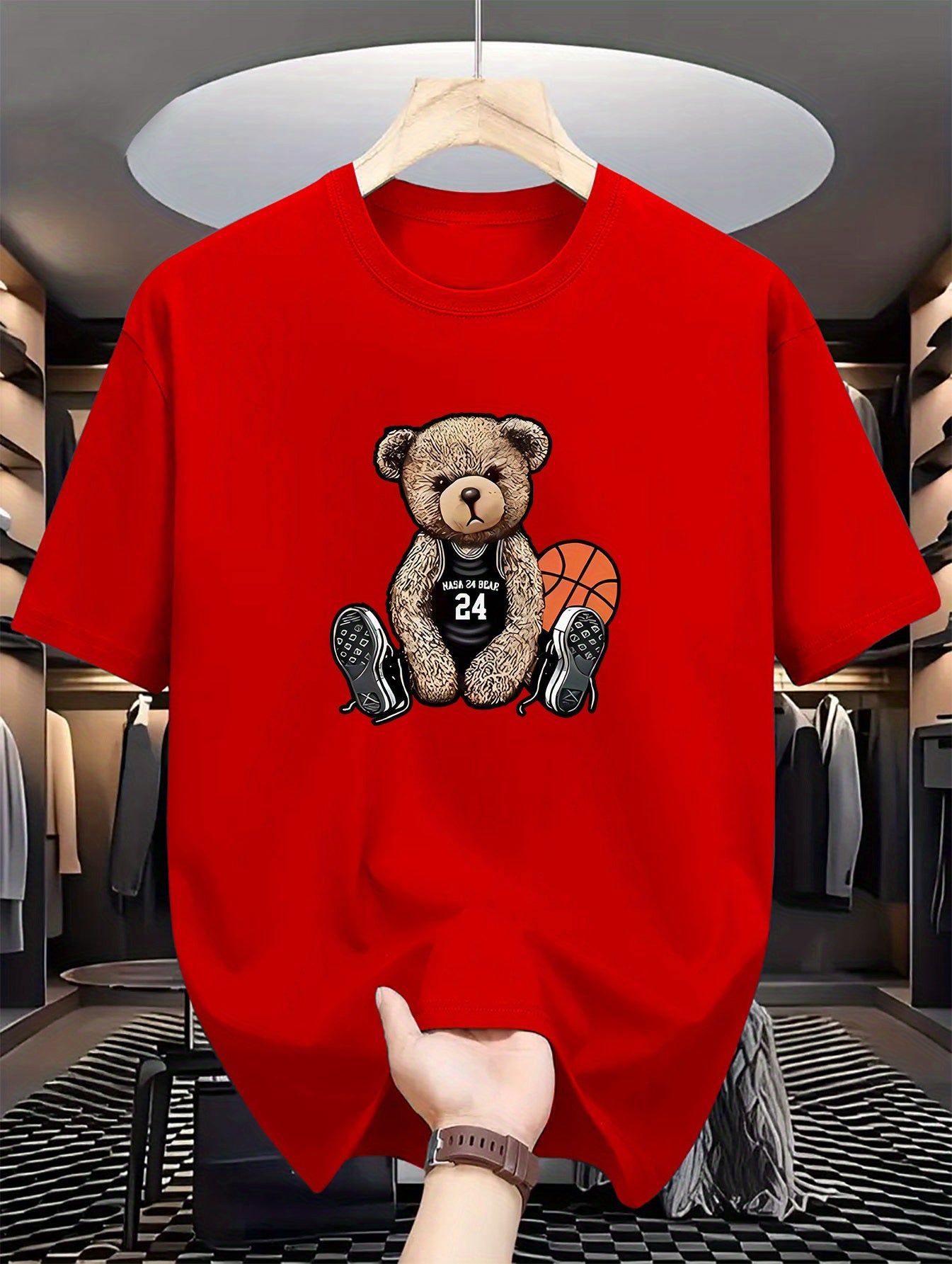 Camiseta de manga corta de verano para hombre, de poliéster con estampado de oso y cuello redondo casual