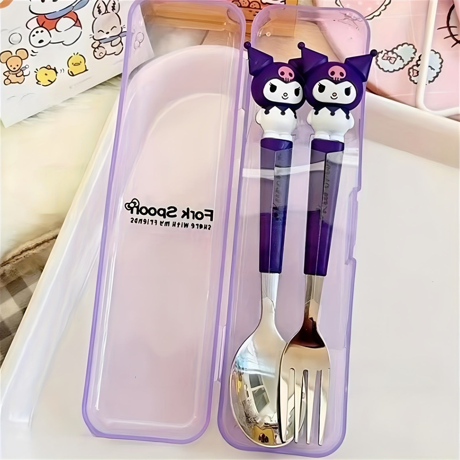 2-Piece Stainless Steel Tableware Set for Kids with Cartoon Soup Spoon and Fork for Travel